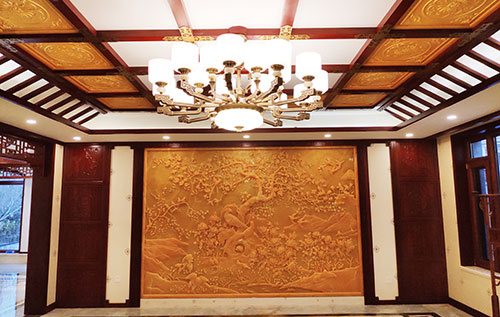 靖远中式别墅客厅中式木作横梁吊顶装饰展示